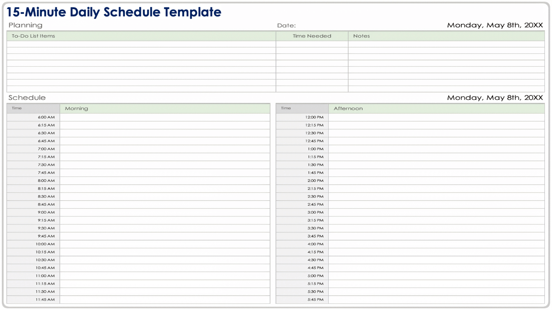 Daily Printable 15 Minute Schedule Template
