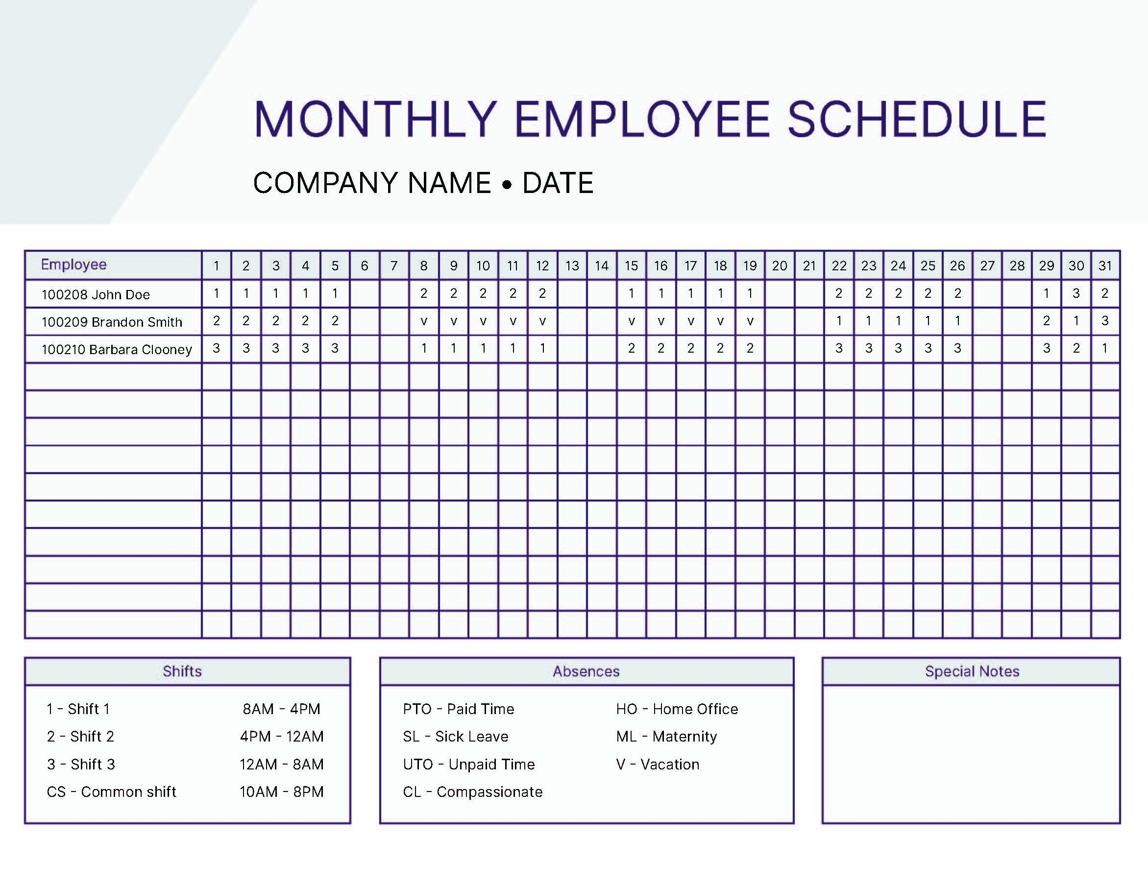 Printable Monthly Work Schedule Template