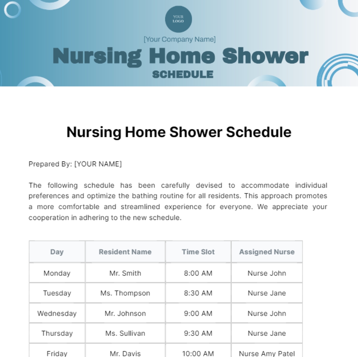 Free Nursing Home Shower Schedule Template To Edit Online