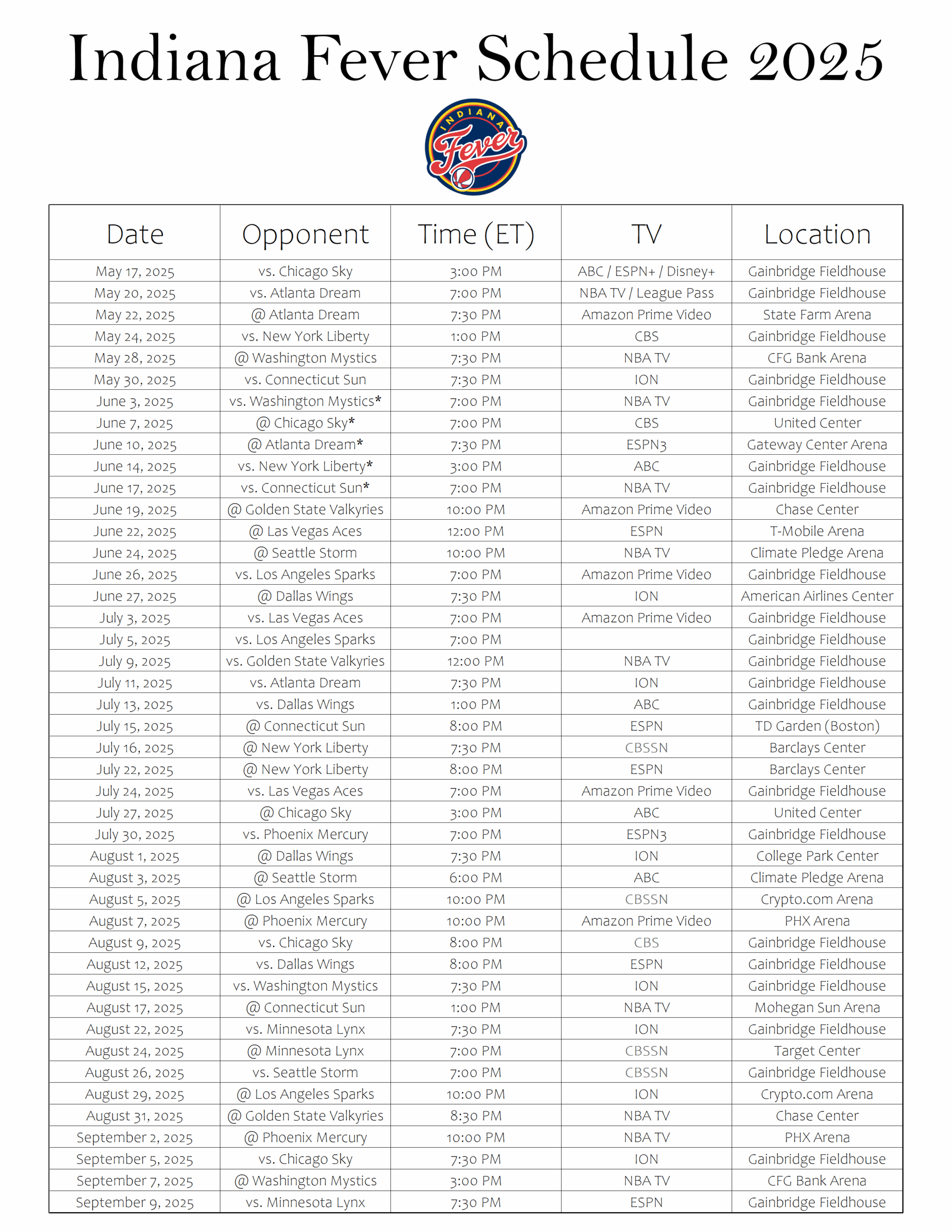 Indiana Fever Schedule 2025 Printable