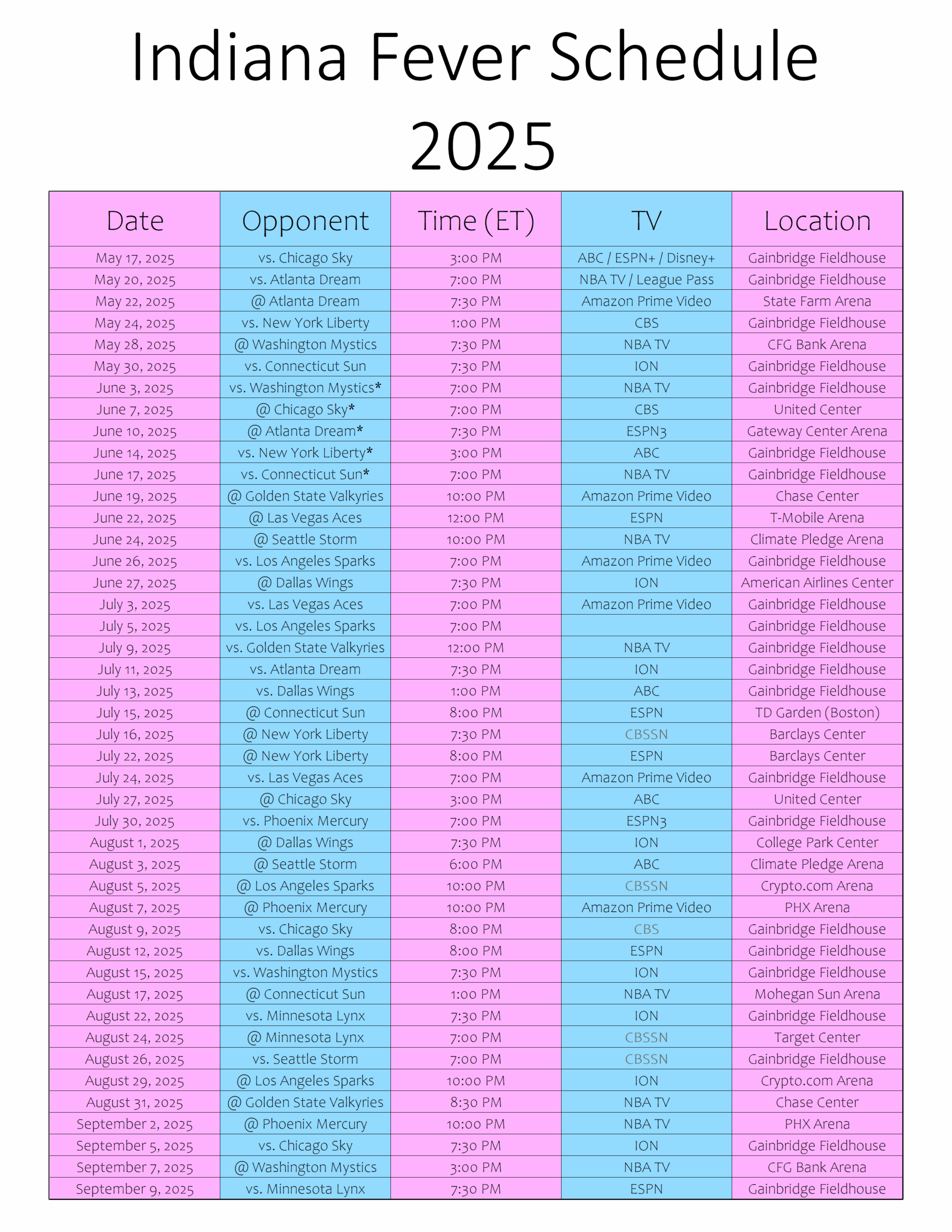 Wnba Fever Schedule 2025 Printable