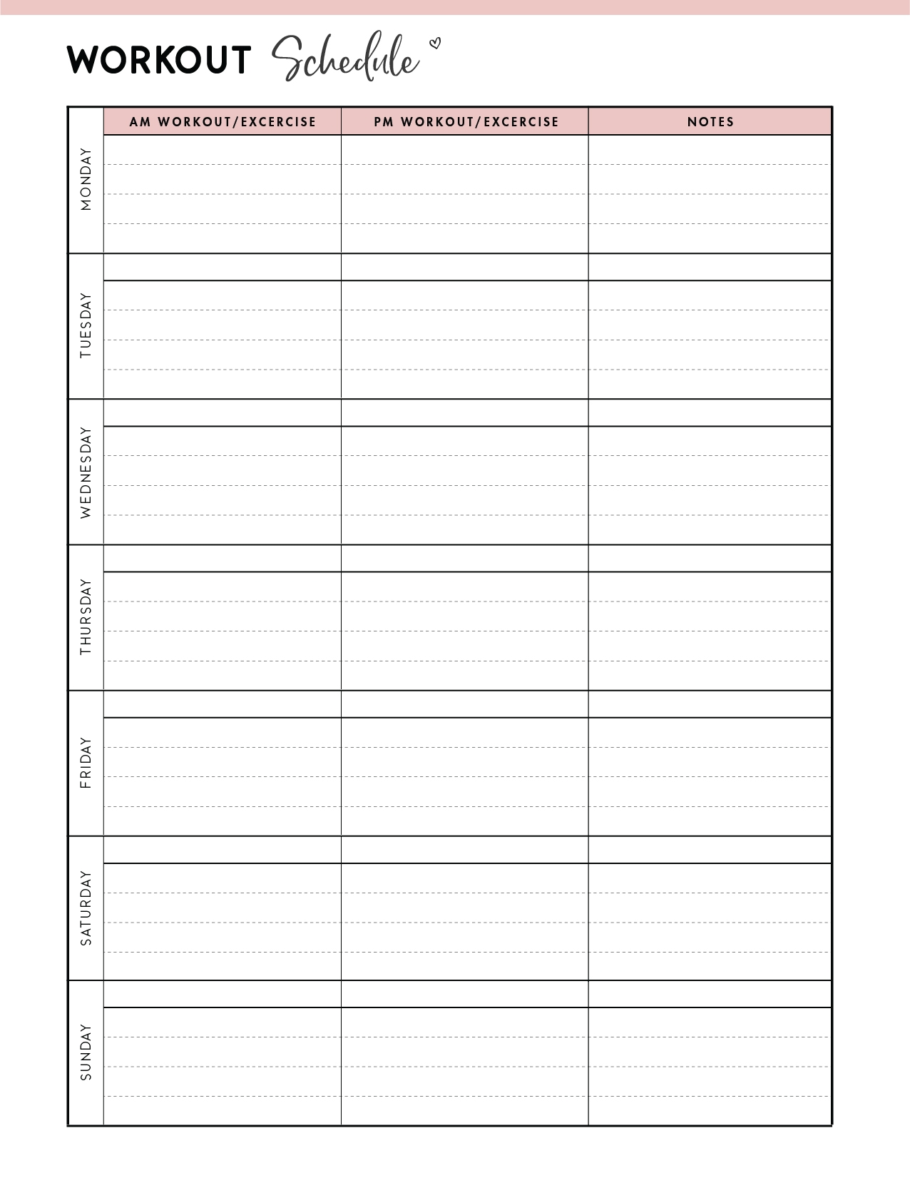 Workout Schedule Printable