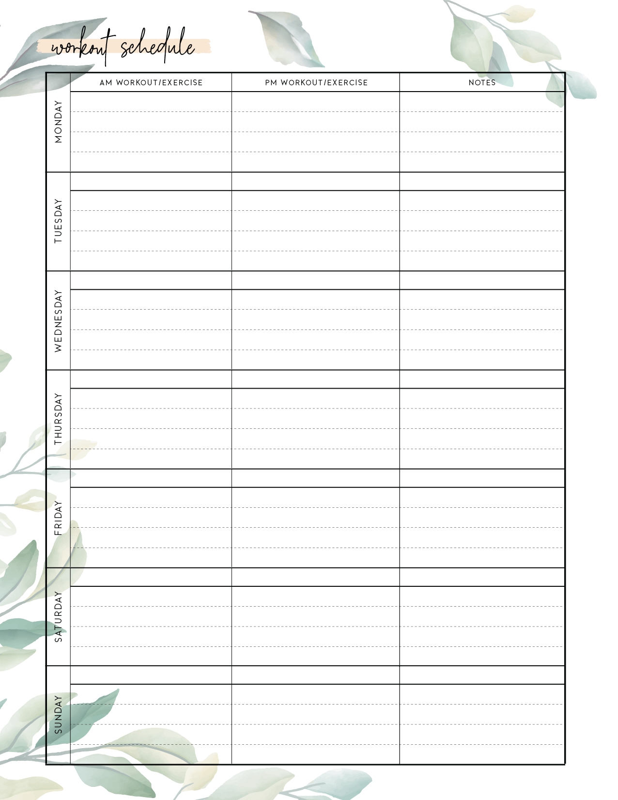 Free Printable Workout Schedule Template World Of Printables