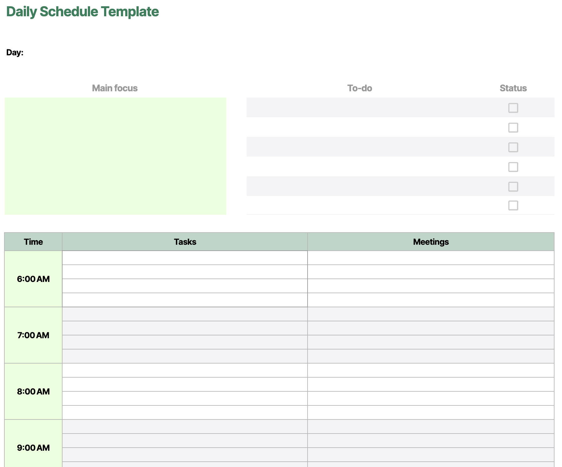 7 Day Work Schedule Template Printable