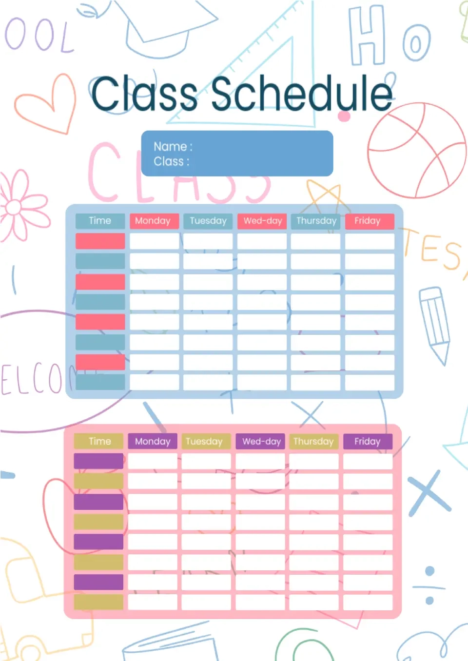 Weekly Class Schedule Printable Weekly Class Schedule Printable