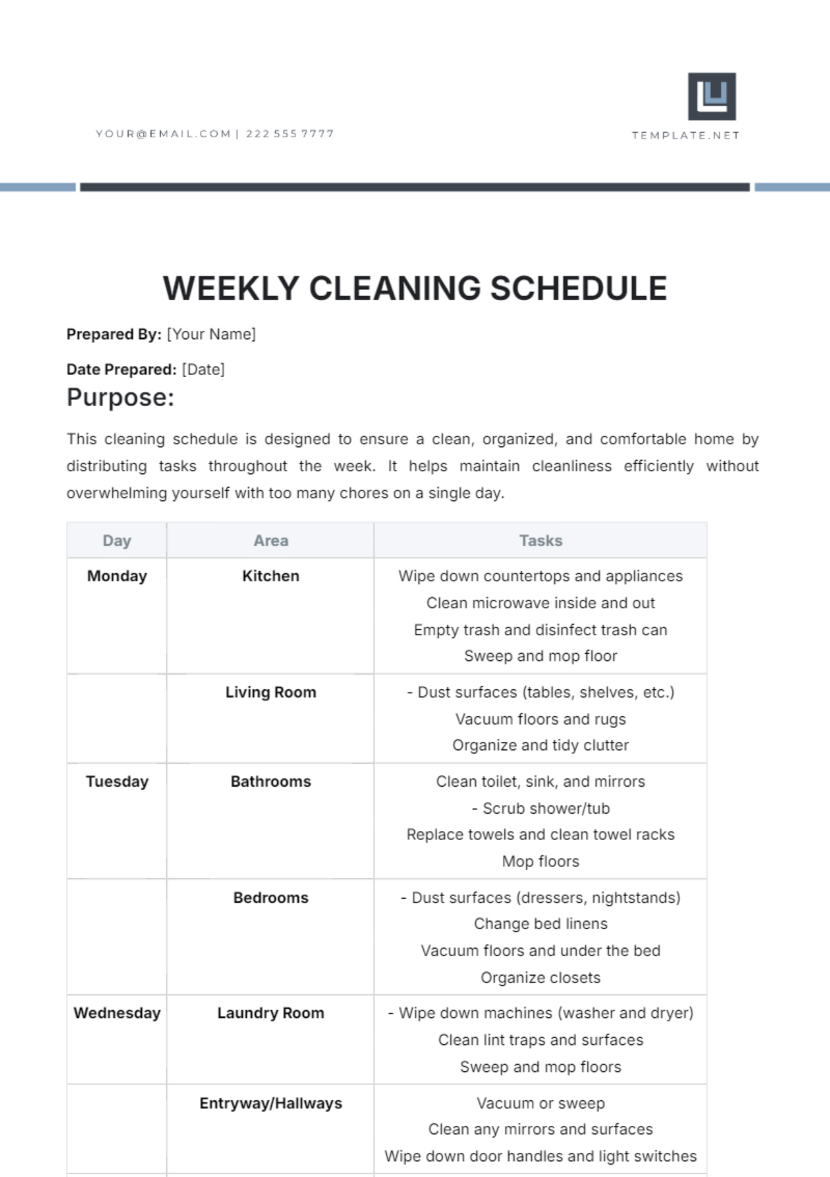 Free Printable Weekly Cleaning Schedule Chart