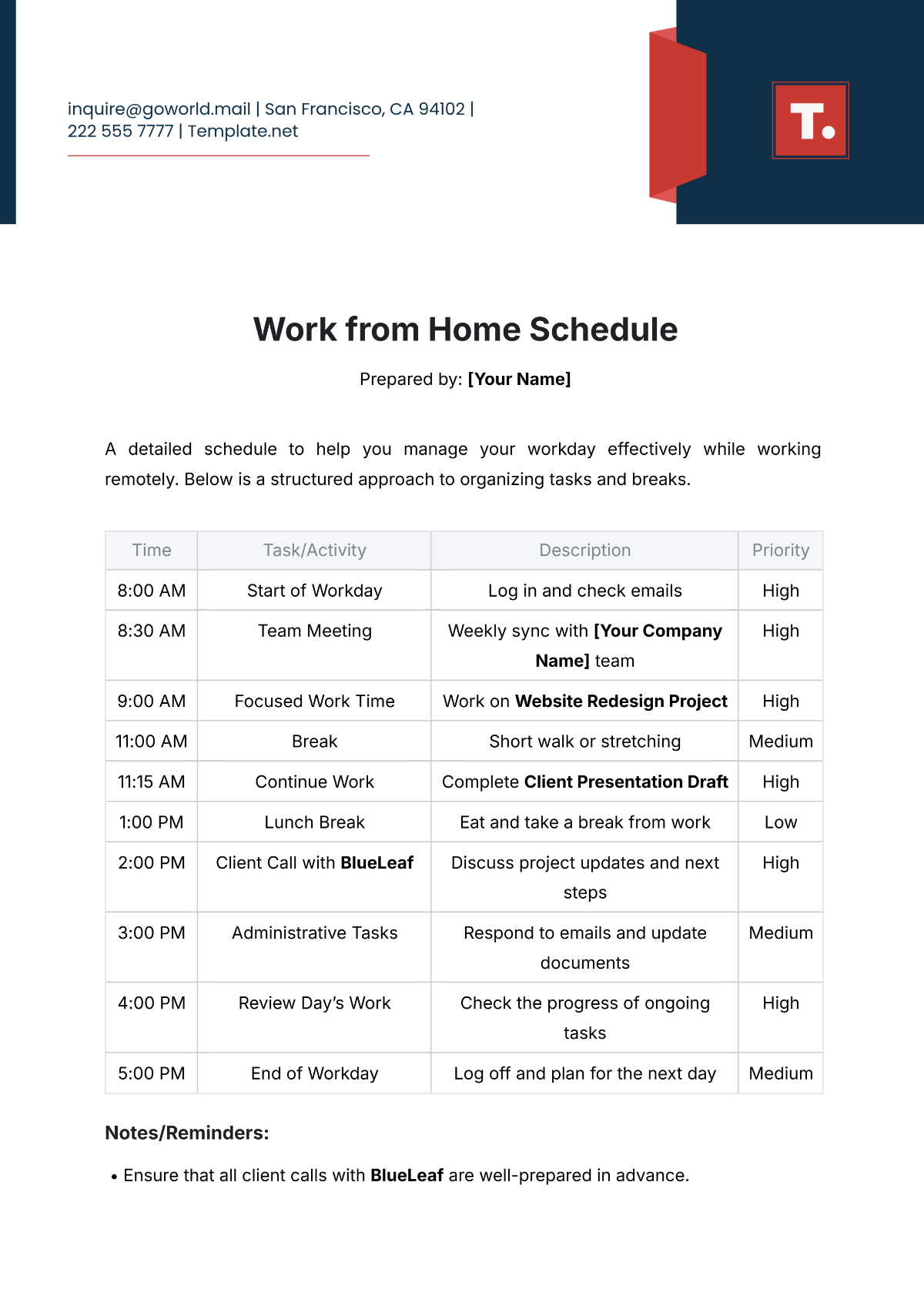 Free Work From Home Schedule Templates Editable And Printable