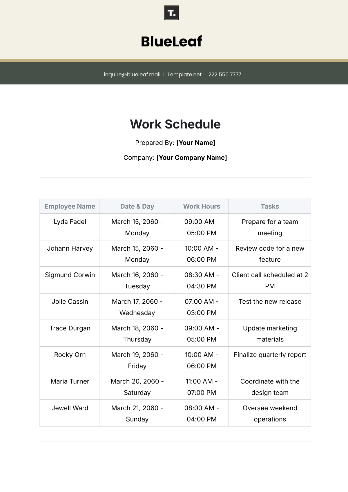 Free Work Schedule Templates Editable And Printable