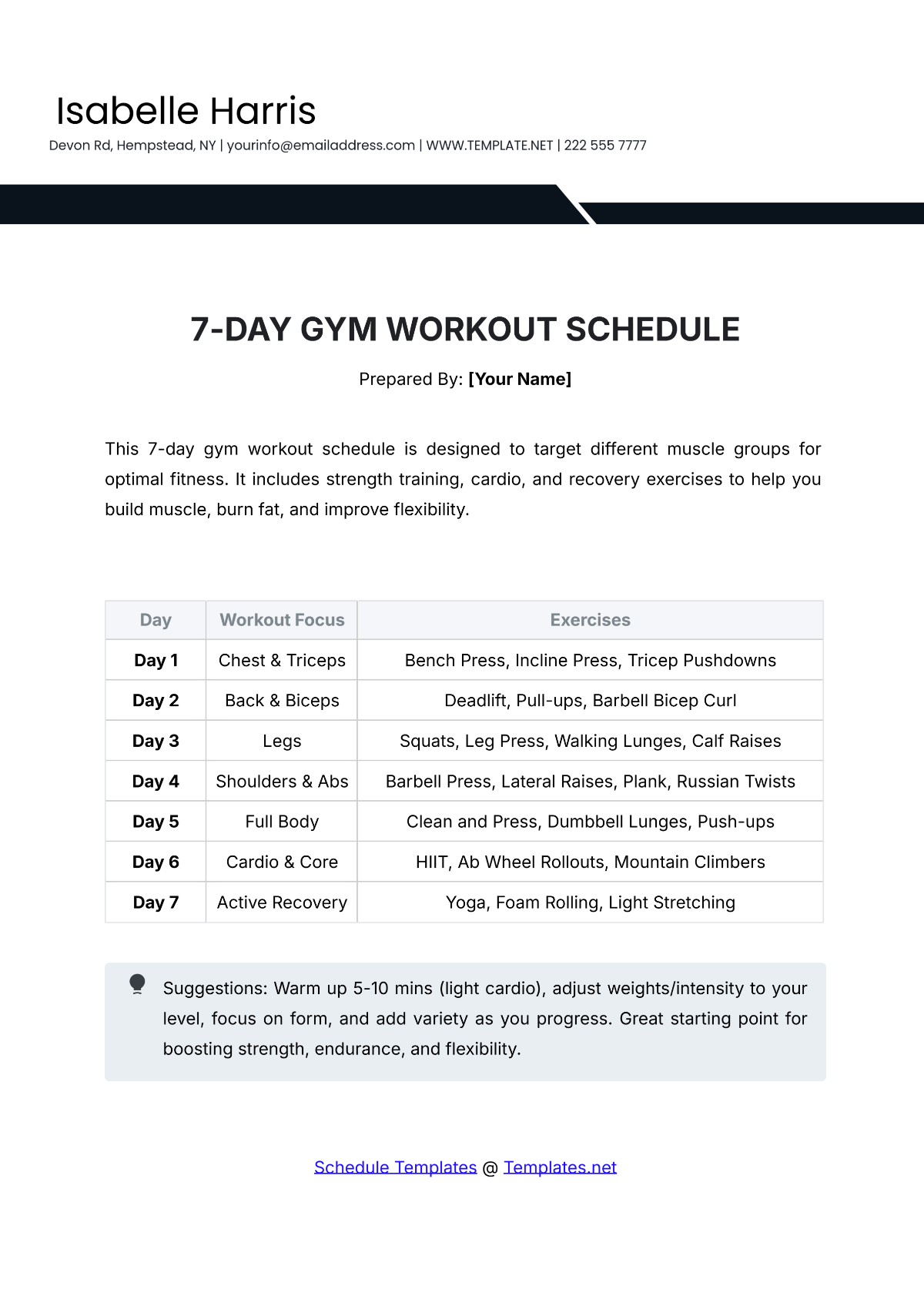 Free Workout Schedule Templates Editable And Printable