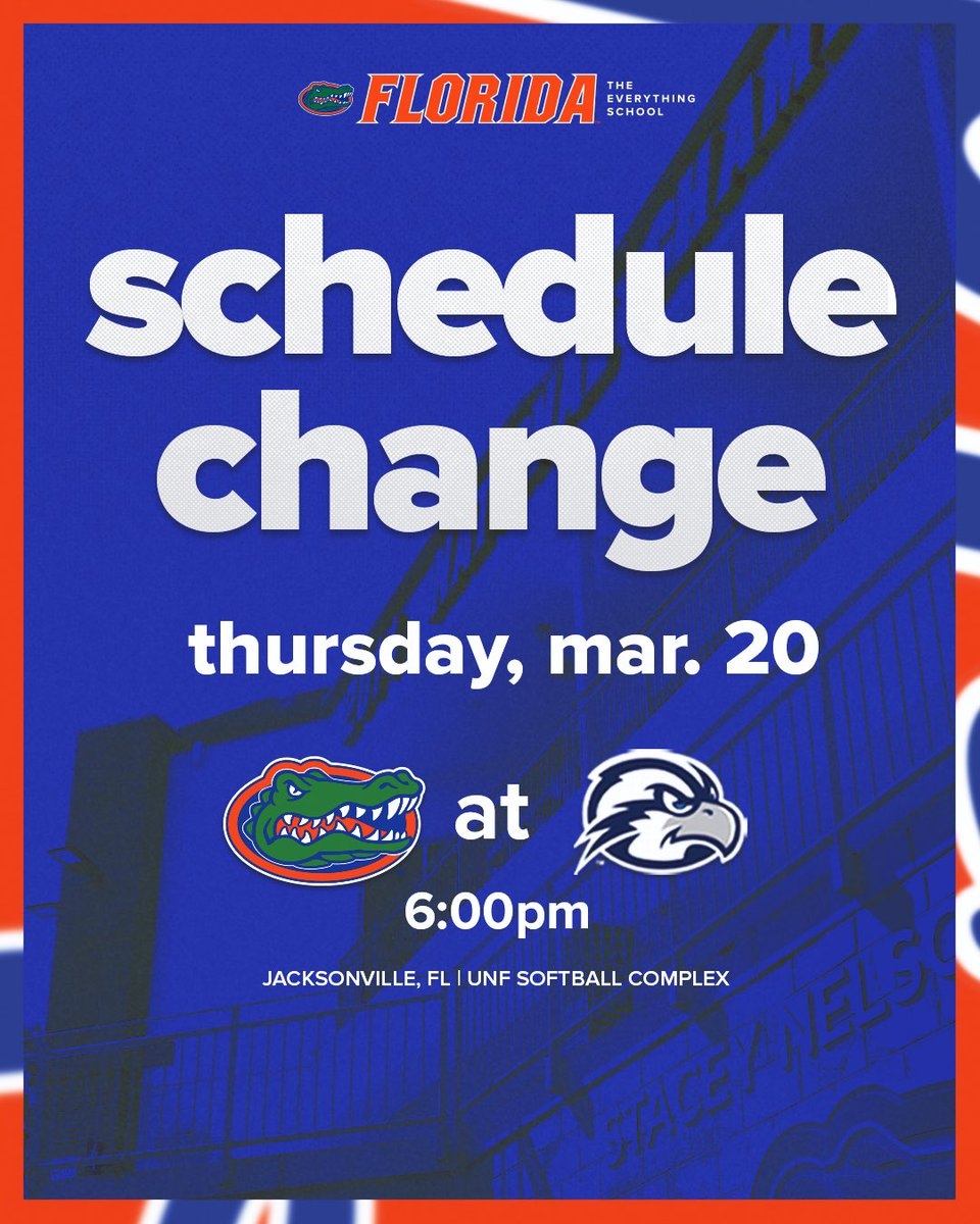Gators Softball On X SCHEDULE UPDATE Due To Inclement Weather Tonight s Scheduled Game Between Florida UNF In Jacksonville Has Been Postponed The Gators Will Now Face The Ospreys On