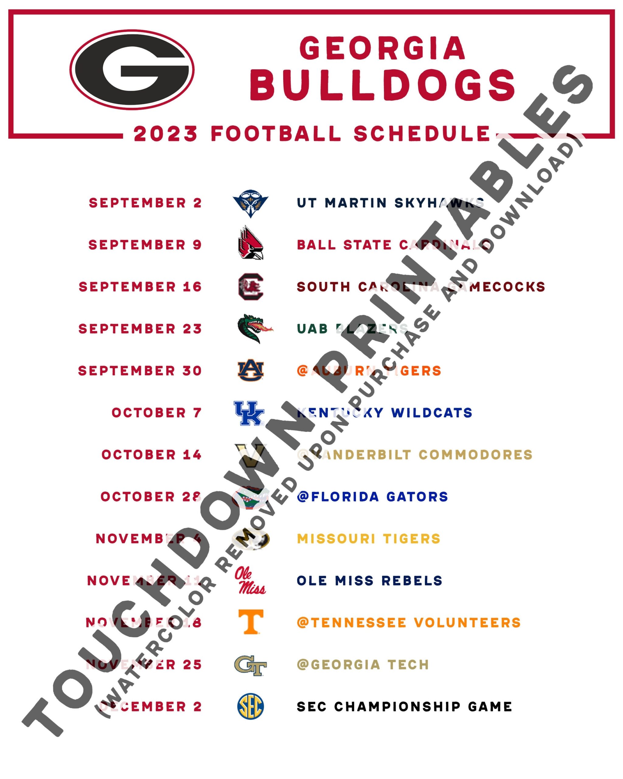 Georgia Football Printable Schedule SEC Bulldogs Dawgs College Worksheets Library