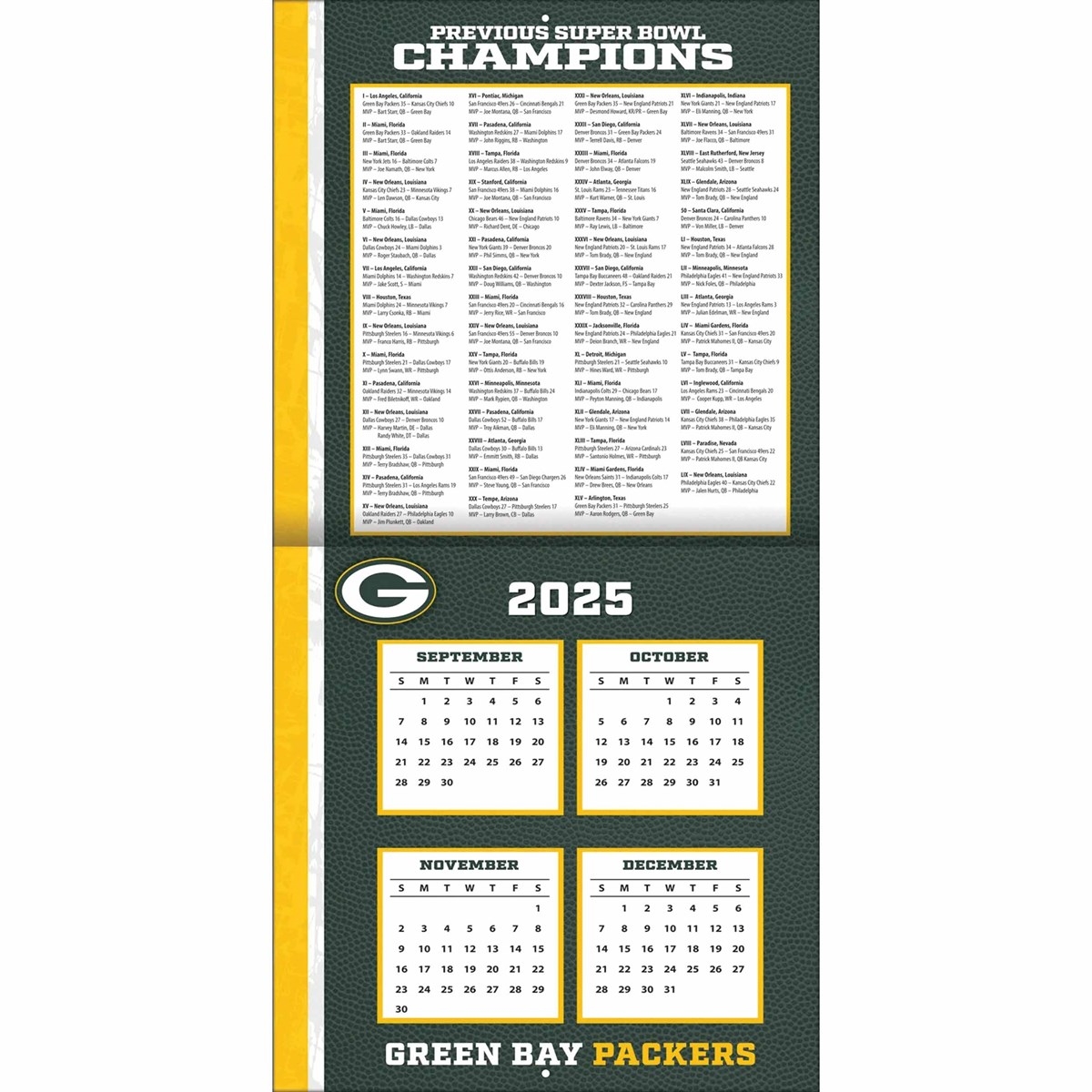 Green Bay Packers NFL Calendar 2026