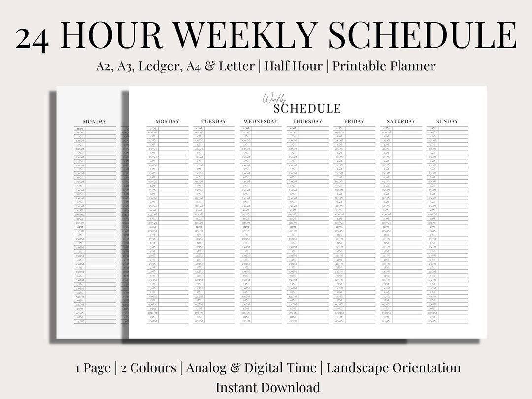 Half Hour 24 Hour Weekly Schedule Landscape Printable 2 Versions Half Hourly Planner Analog Time Digital Time Template Digital PDF Etsy