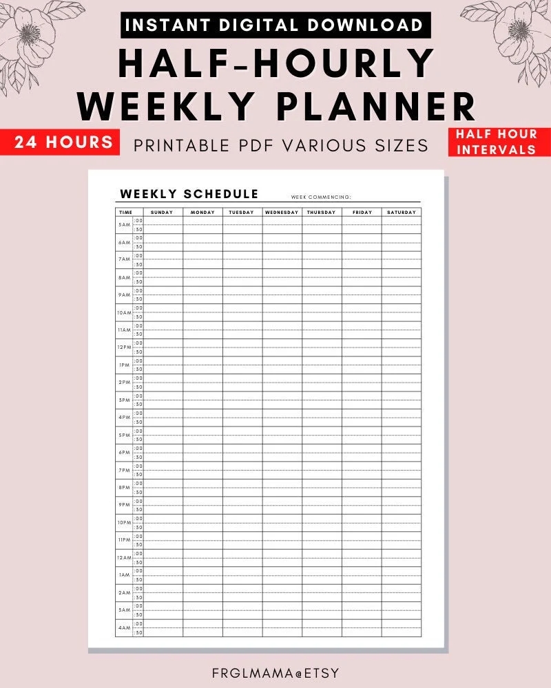 Half Hour Weekly Planner Printable Weekly Schedule Daily Planner Hourly Schedule Daily Planner Undated Planner A4 A5 US Letter PDF Etsy