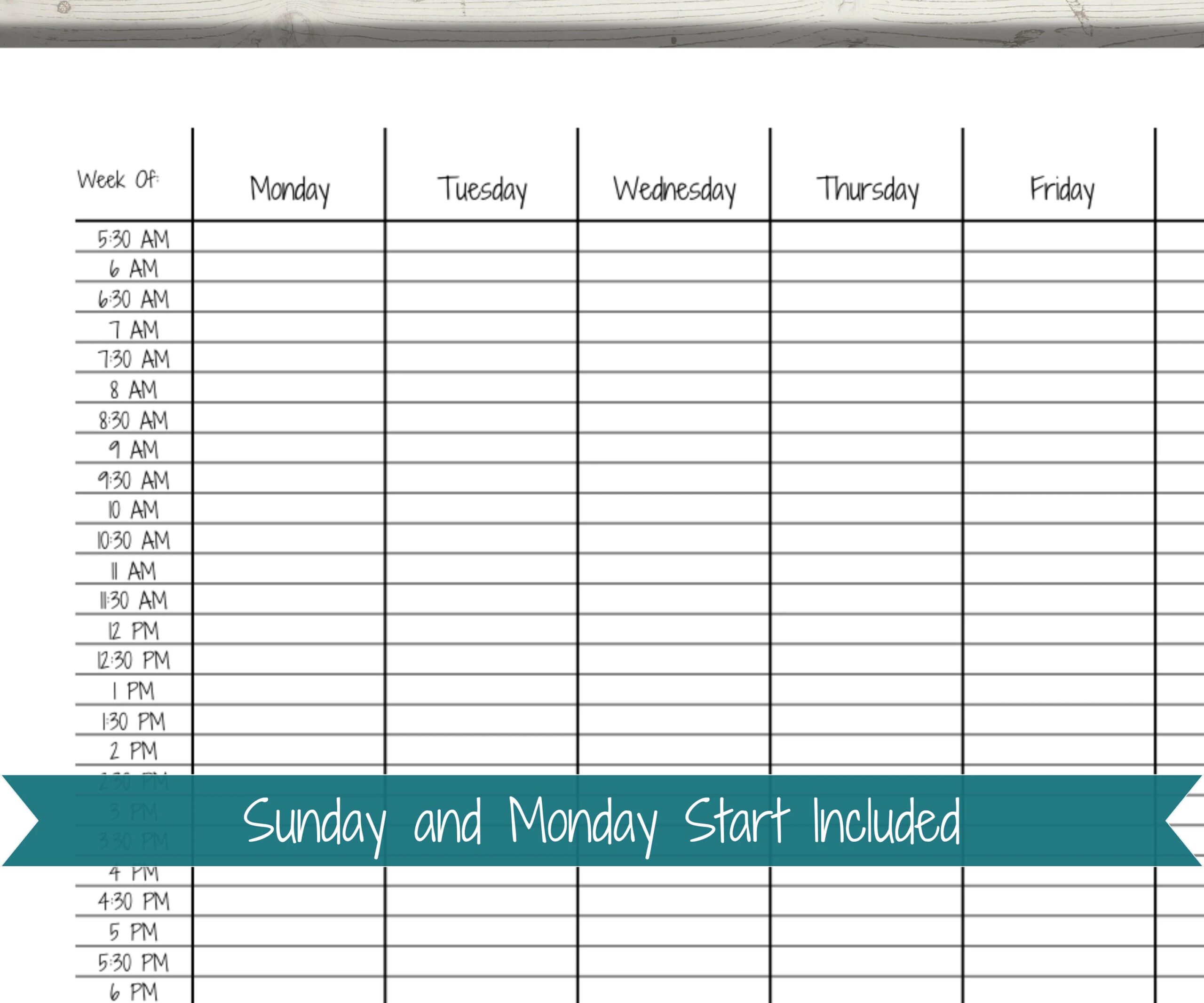 Half hour Weekly Schedule Chart Printable Schedule Template Horizontal Planner Functional Planning Time Blocking Sunday Monday Start Etsy