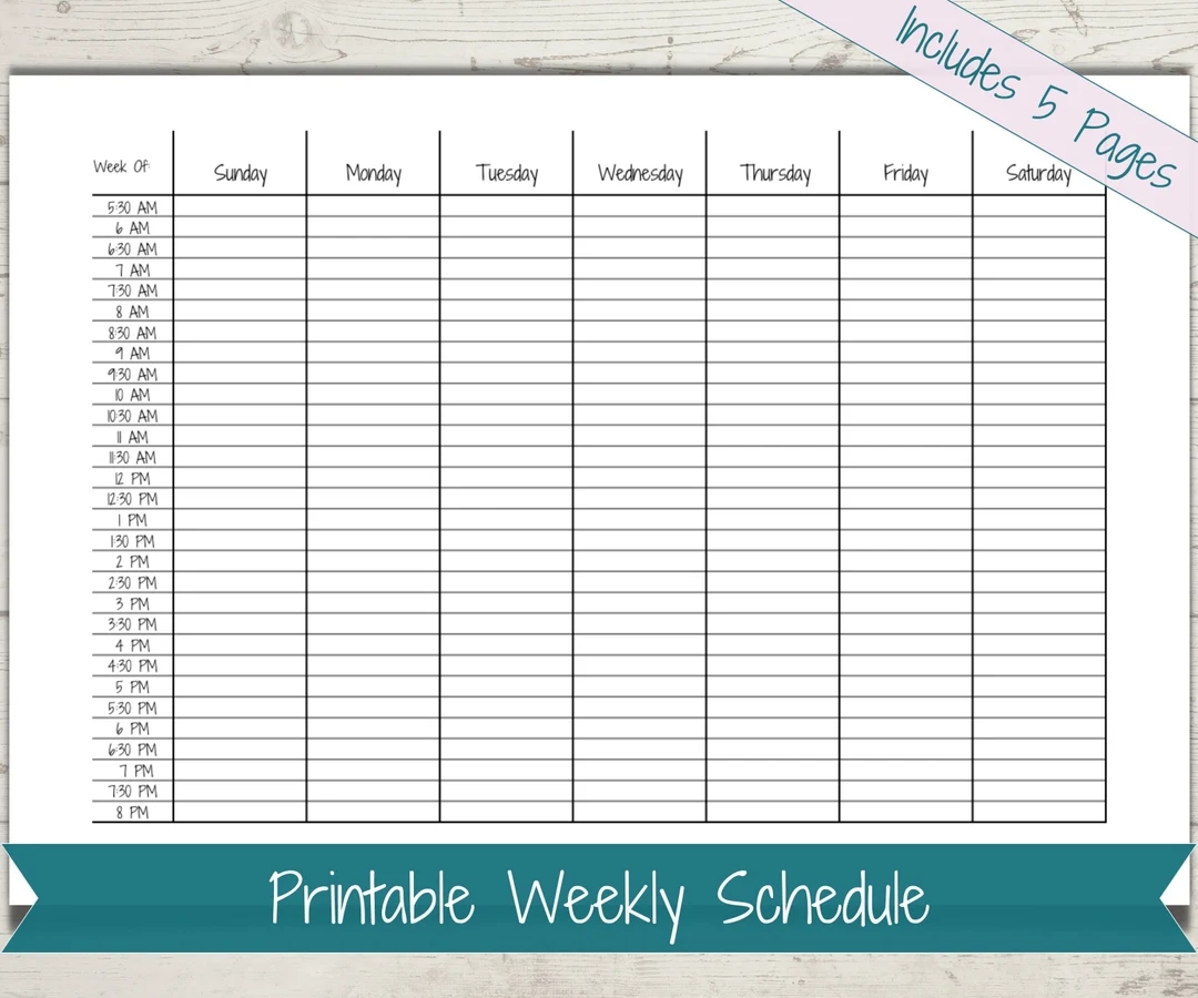 Half hour Weekly Schedule Chart Printable Schedule Template Horizontal Planner Functional Planning Time Blocking Sunday Monday Start Etsy