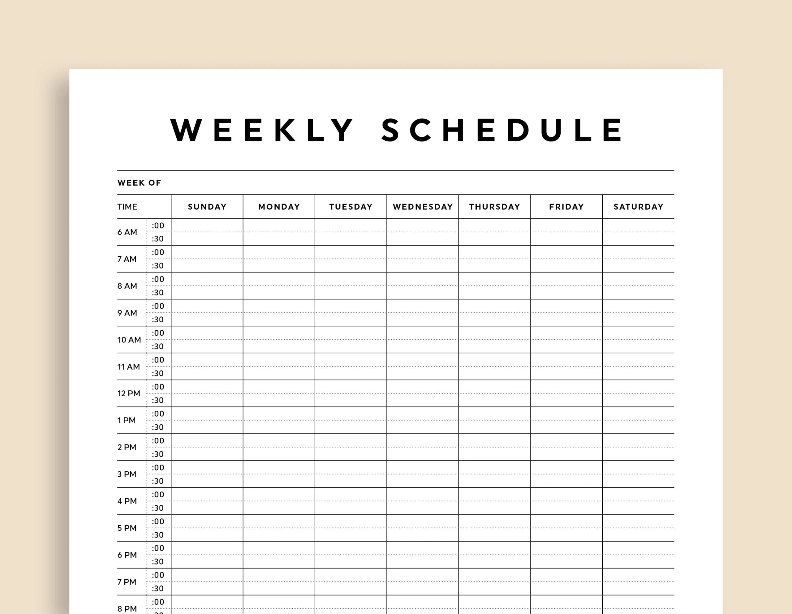 Half Hour Weekly Schedule Printable Half Hour Daily Schedule Template Daily Agenda Hourly Schedule Time Planner Sunday monday Start Etsy