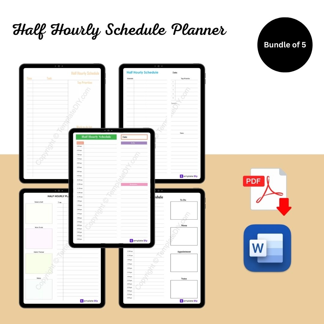 Half Hourly Schedule Planner Template Printable PDF Word