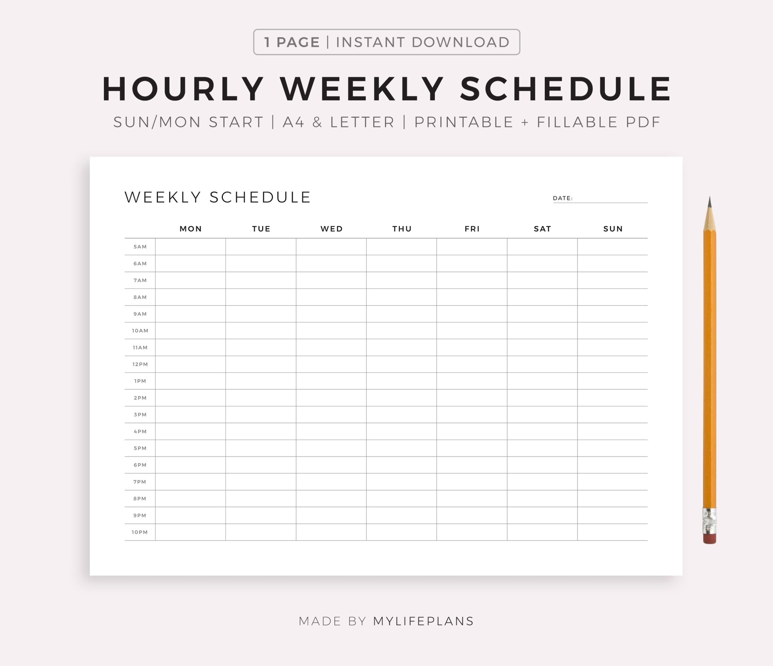 Hourly Weekly Schedule Landscape Printable Fillable PDF