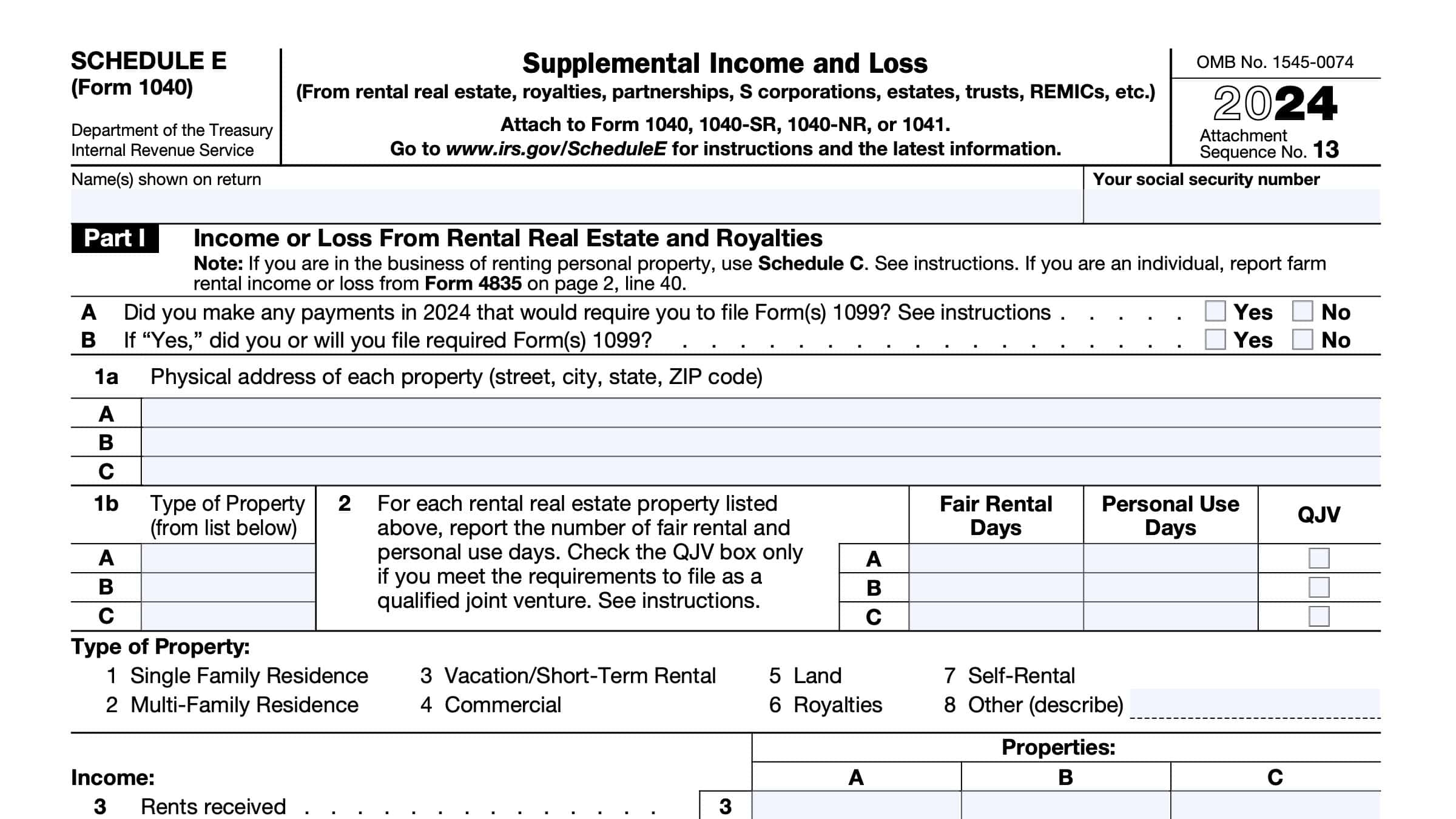IRS Schedule E Instructions Supplemental Income And Loss