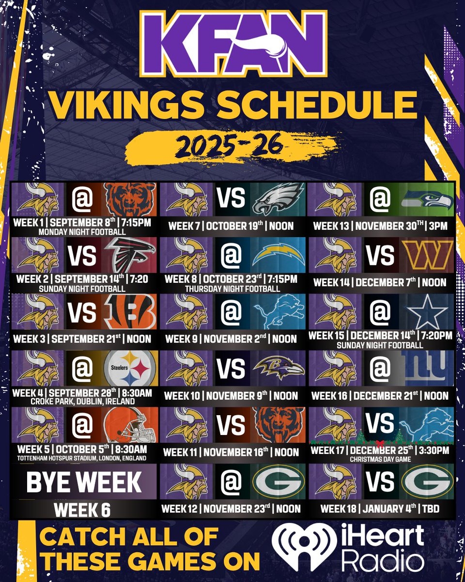 KFAN1003 On X The 2025 26 NFL Schedule Is HERE Give Us Your Vikings Record Predictions In The Comments Below Vikings Fans NFL NFLSchedule iHeartRadio Https t co 1tA3Mozbem X