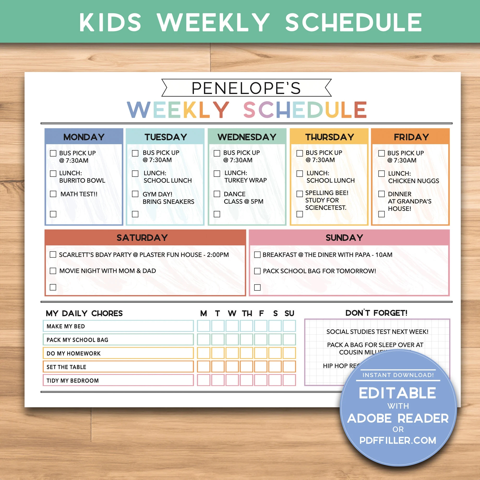 Kid s Weekly Schedule Teen Schedule Activity Planner 8 5x11 Printable Week At A Glance Daily Organization Planner Etsy