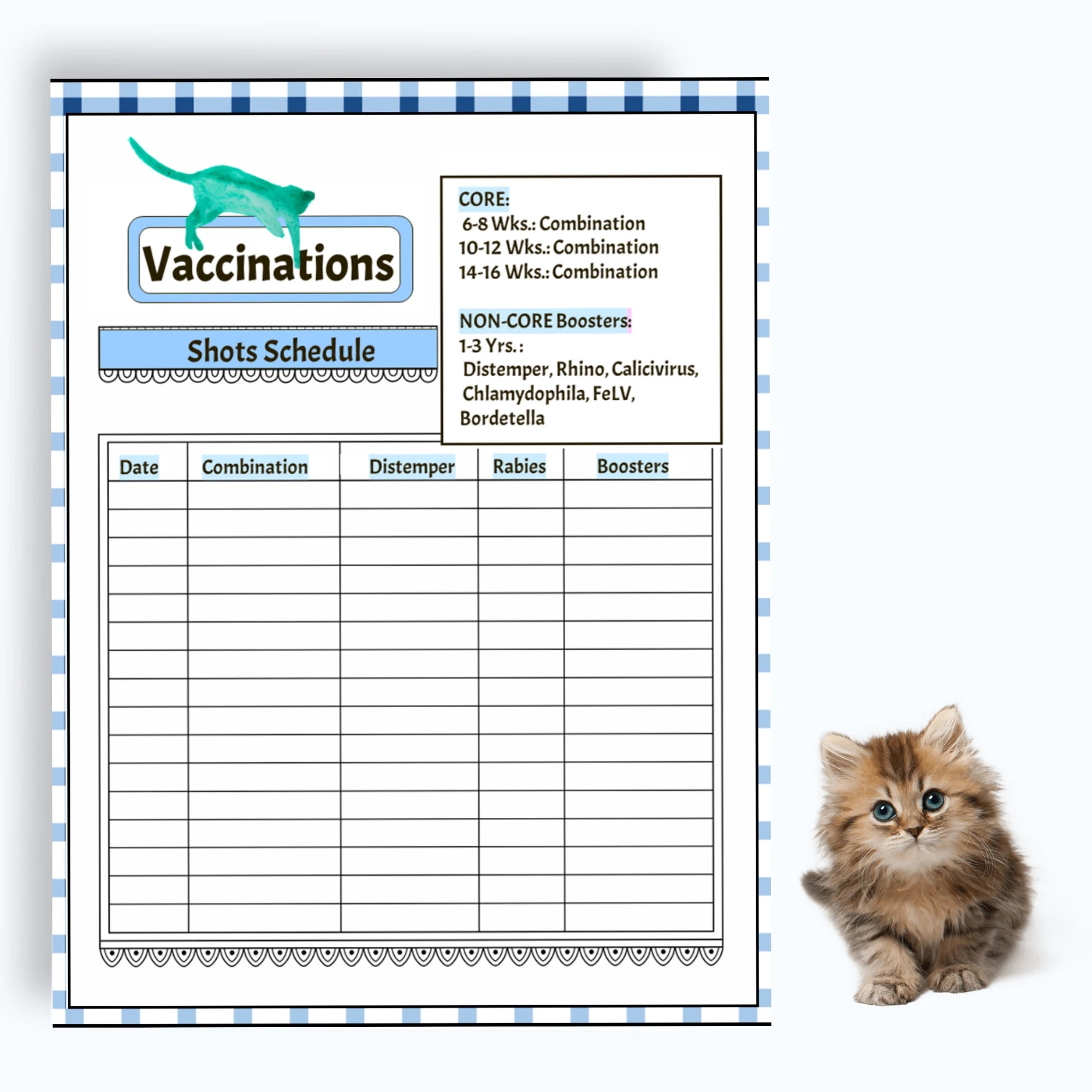Kitten Records cat Vaccination And Deworming Pages BLUE Medical Cat And Kitten Pages Digital Download Etsy