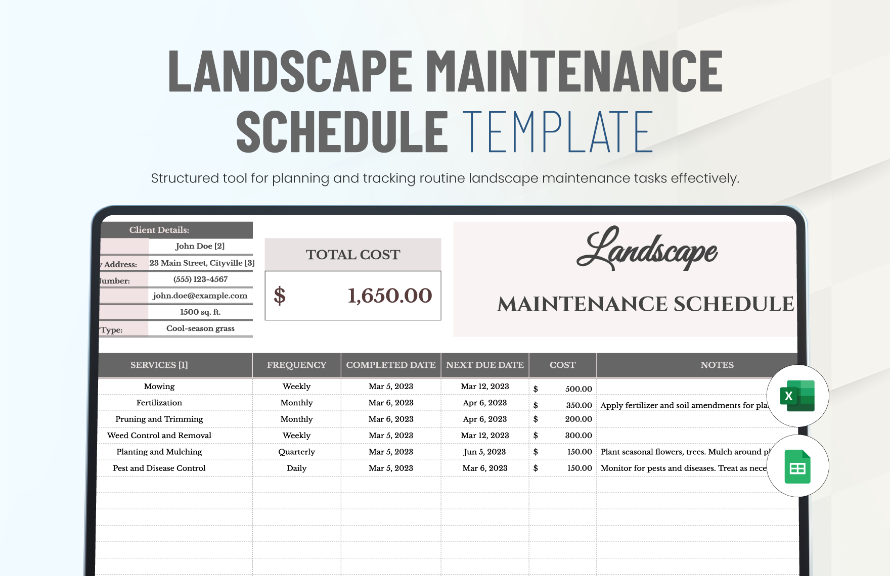 Landscape Maintenance Schedule Template In Excel Google Sheets Download Template