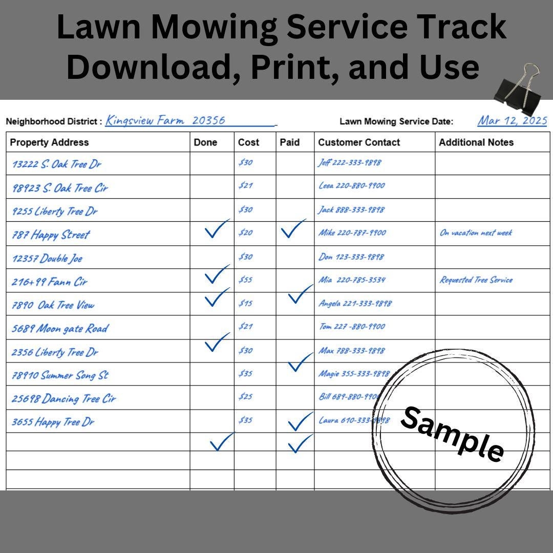 Lawn Mowing Service Log Lawn Mowing Schedule Templates For Multiple Properties Instant Download Mowing Template In PDF Word And JPG Etsy