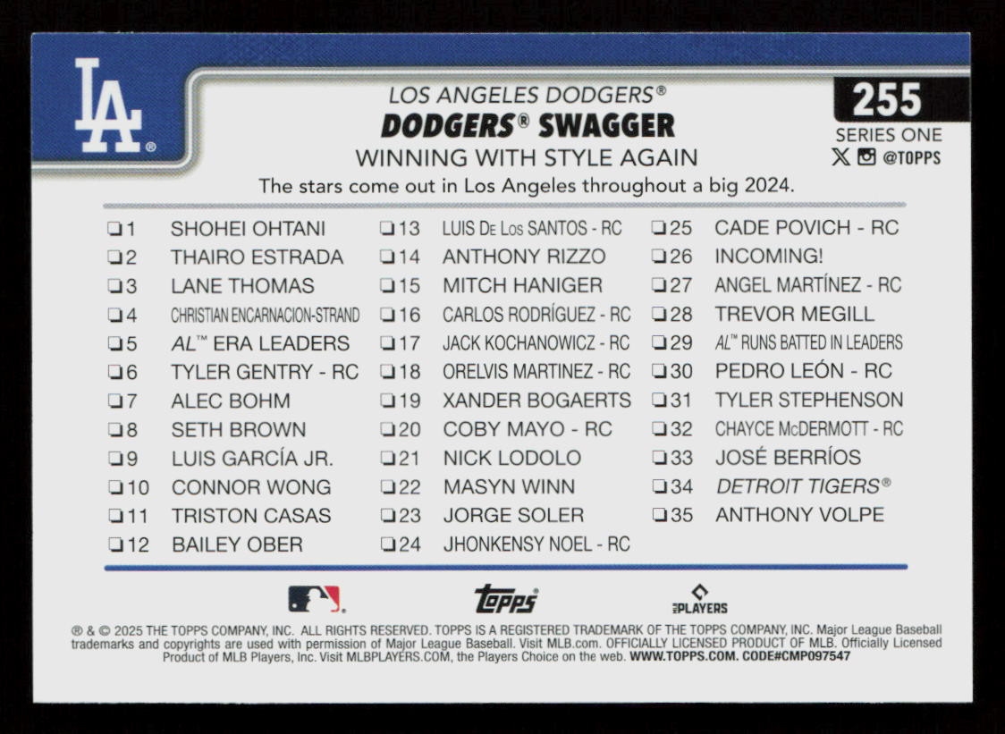 Los Angeles Dodgers 2025 Topps Series 1 255 Los Angeles Dodgers Baseball Card EBay
