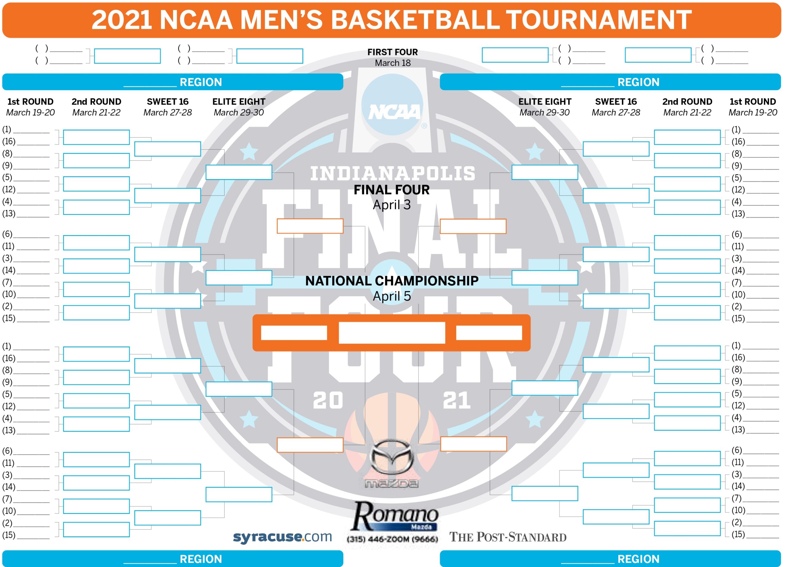 March Madness 2021 Printable Bracket Get Ready For NCAA Selection Sunday Syracuse