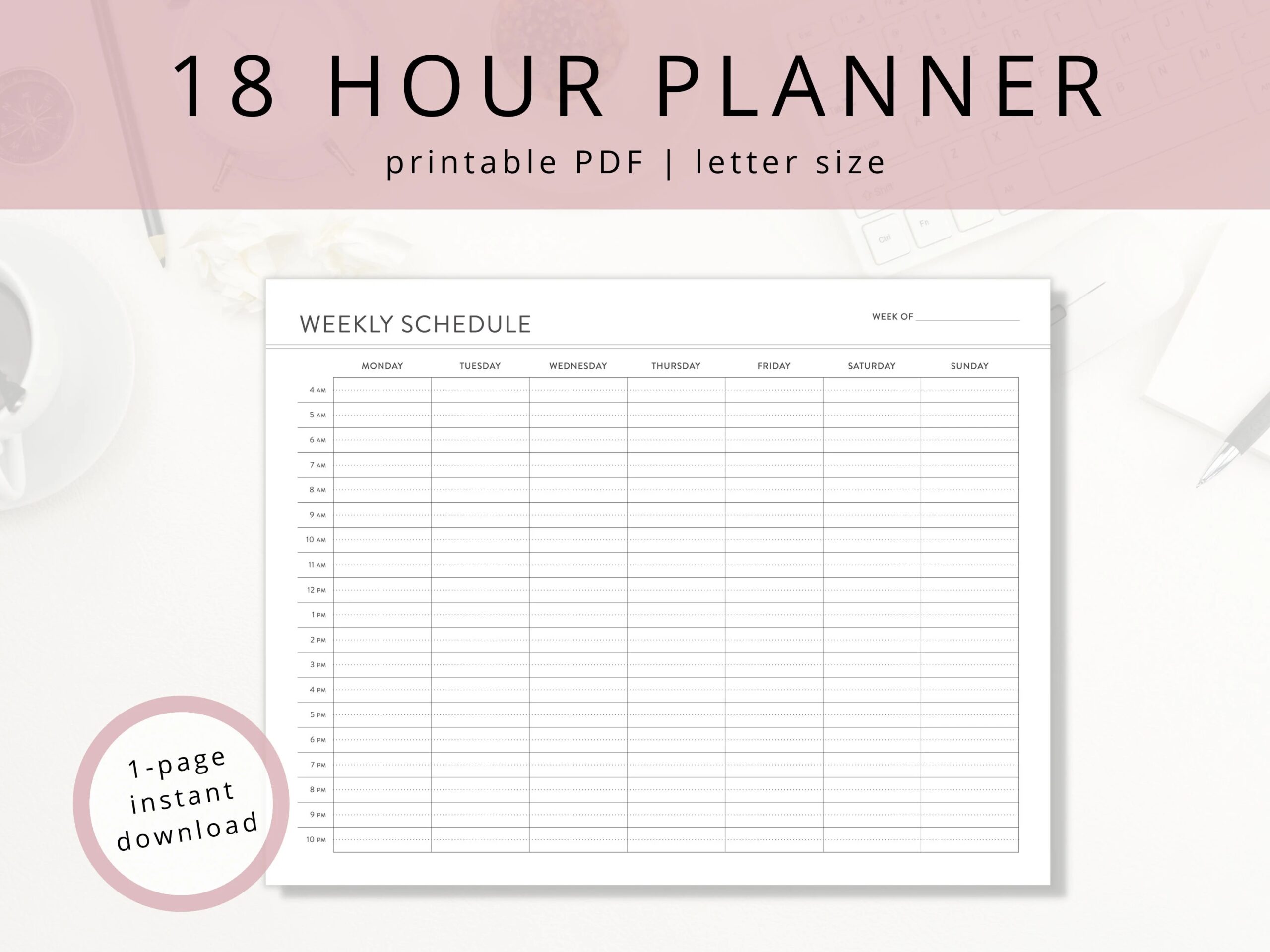 Minimalist Weekly 18 Hour Planner PDF Template For Calendar Blocking Printable Undated Weekly Schedule And Daily Organizer For Productivity Etsy