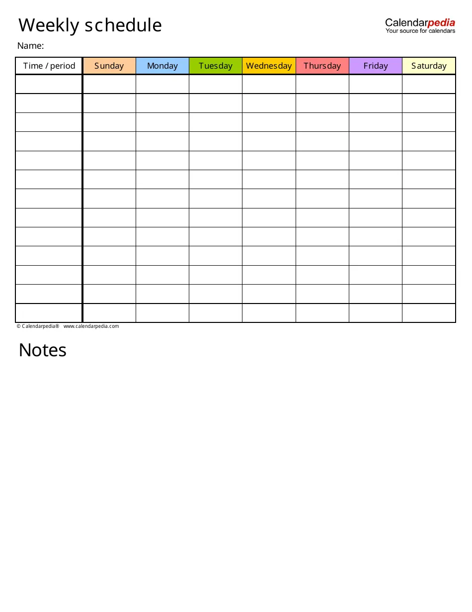 Multicolored Weekly Schedule With Notes Template Calendarpedia Download Printable PDF Templateroller