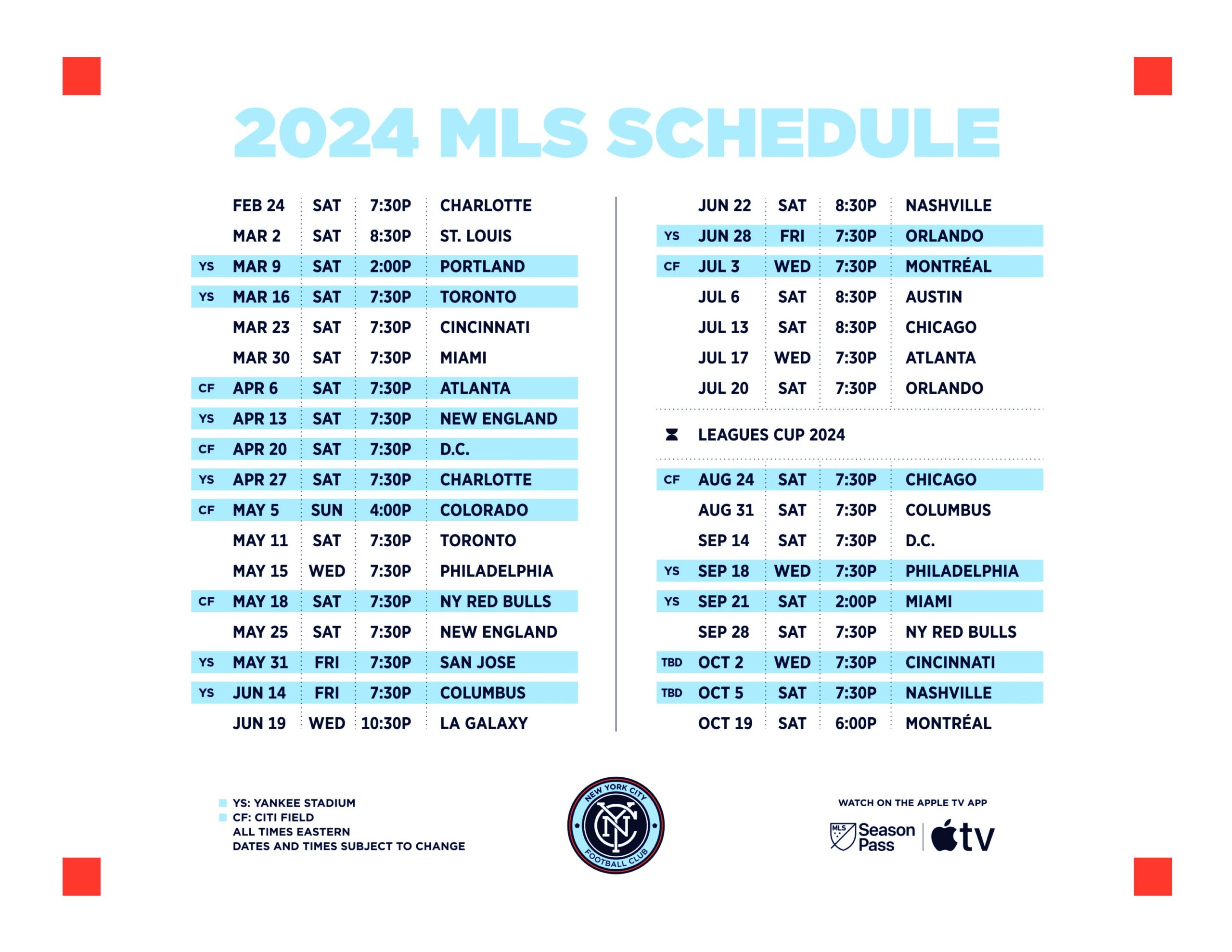 New York City Football Club Announces 2024 MLS Regular Season Schedule New York City FC