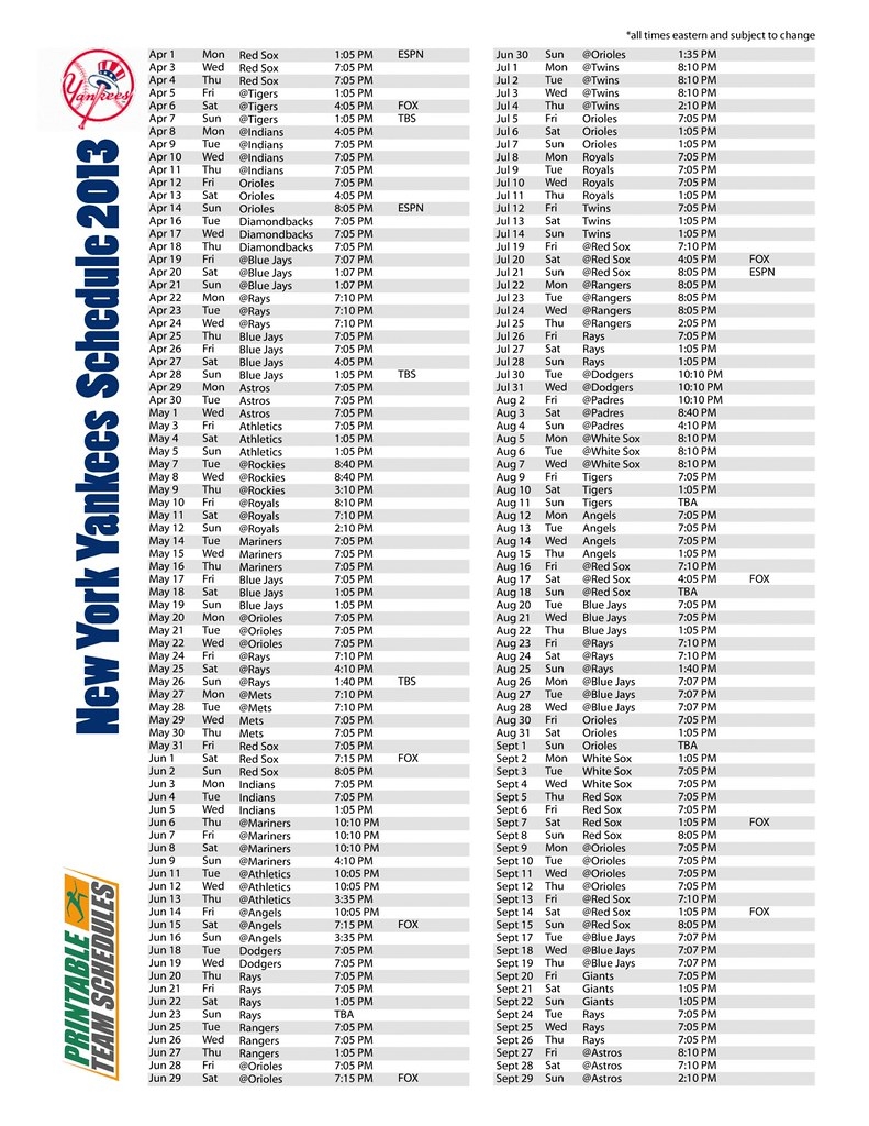 New York Yankees Printable Schedule