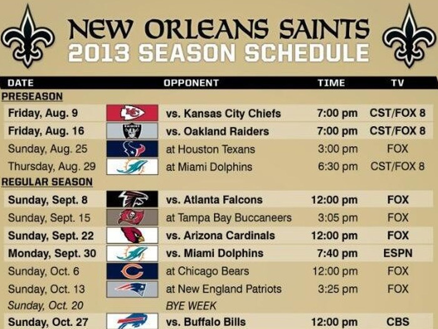 NFL Schedule 2013 Saints Schedule Released Canal Street Chronicles