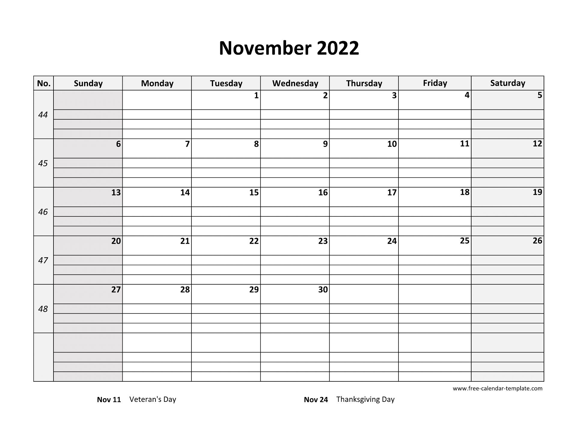 November 2022 Calendar Free Printable With Grid Lines Designed horizontal Free calendar template