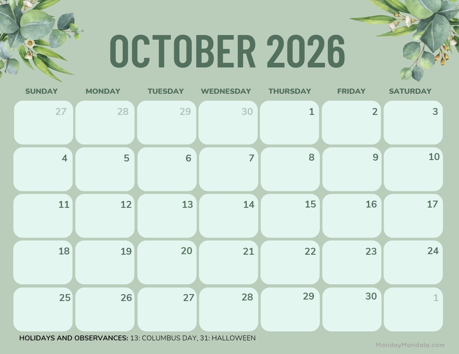 Printable October Schedule