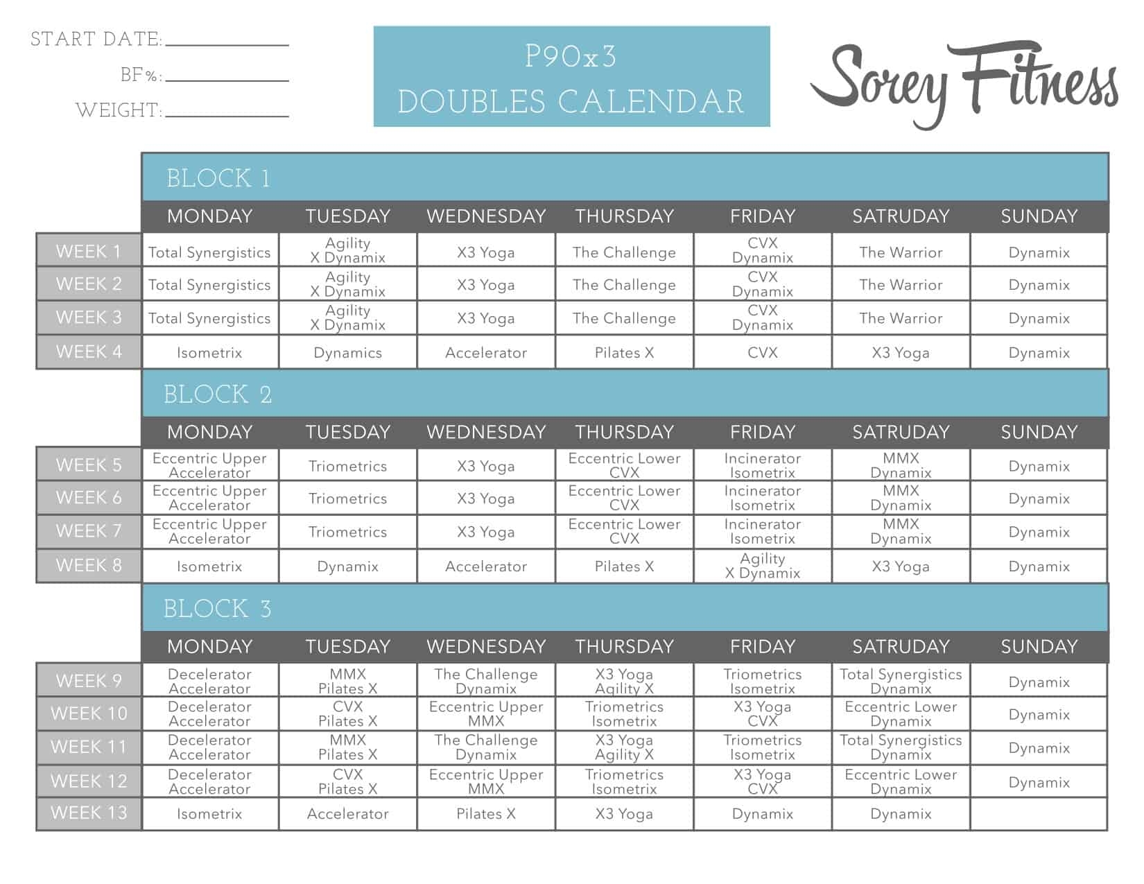 P90X3 Workout Schedule Lean Mass Classic Doubles PDFs Printable 