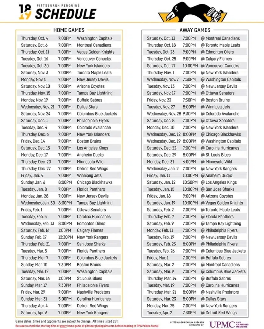 PENGUINS RELEASE 2018 2019 SCHEDULE WCCS AM1160 101 1FM