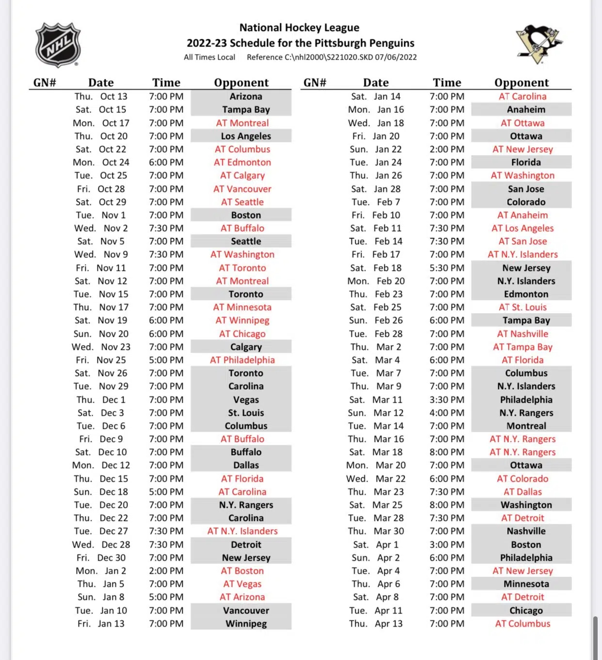 PENGUINS RELEASE 2022 23 REGULAR SEASON SCHEDULE WCCS AM1160 101 1FM