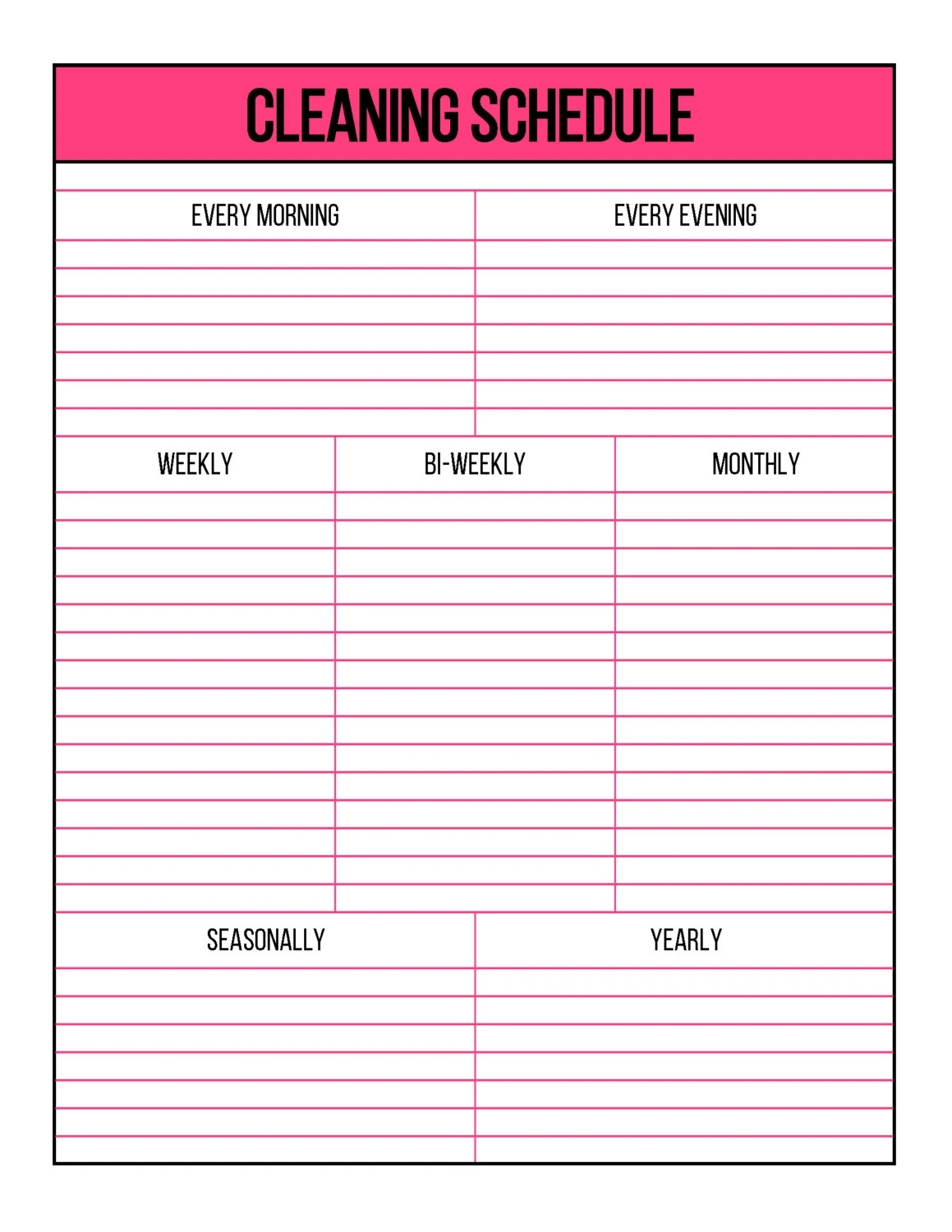 Pink Printable Cleaning Schedule 1 Page Letter Size Lined And Blank Styles Instant Download Etsy