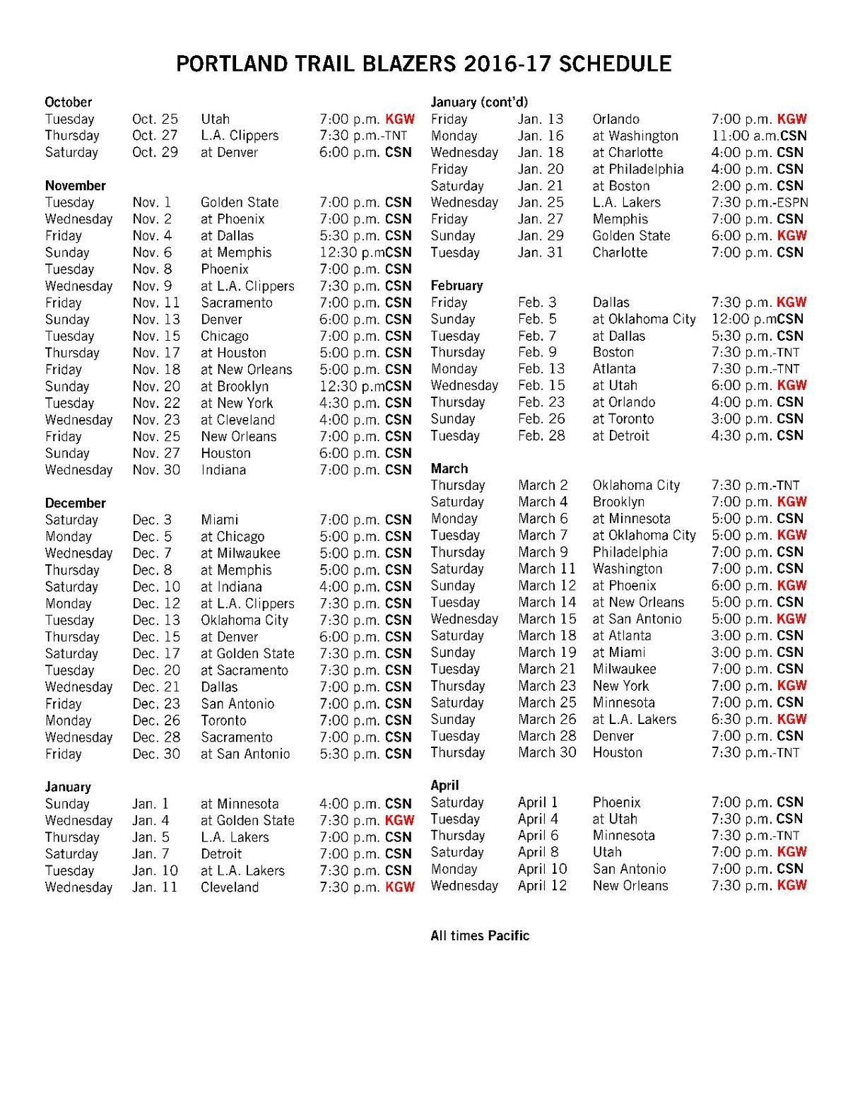Portland Trail Blazers 2016 17 TV Schedule Blazer s Edge