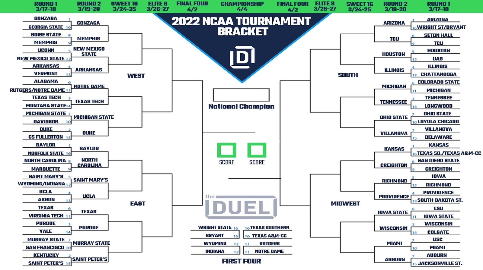 Printable 2022 March Madness Bracket Heading Into Round 2 Of NCAA Tournament FanDuel Research