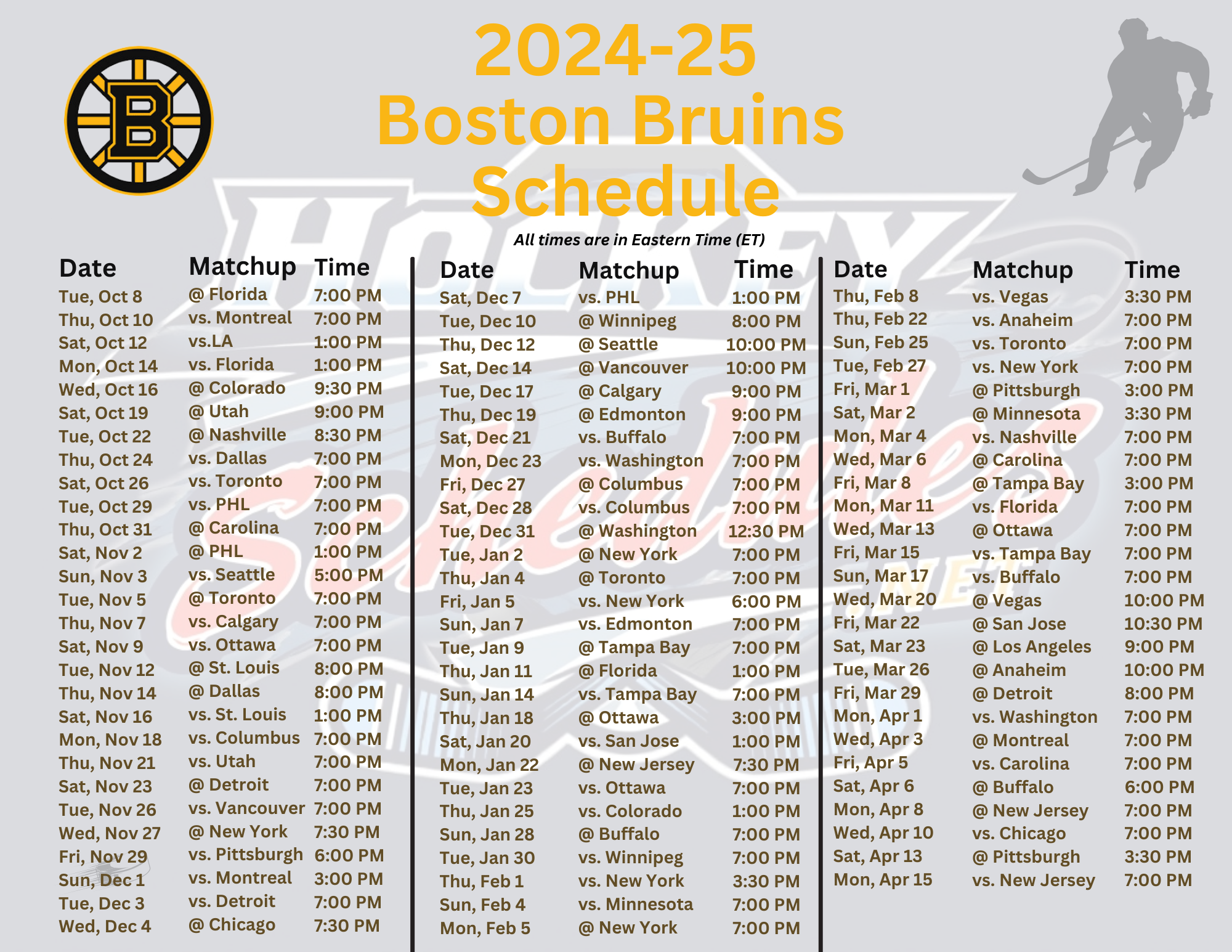 Printable 2024 25 Boston Bruins Schedule Matchups PDF Format Hockey Schedules