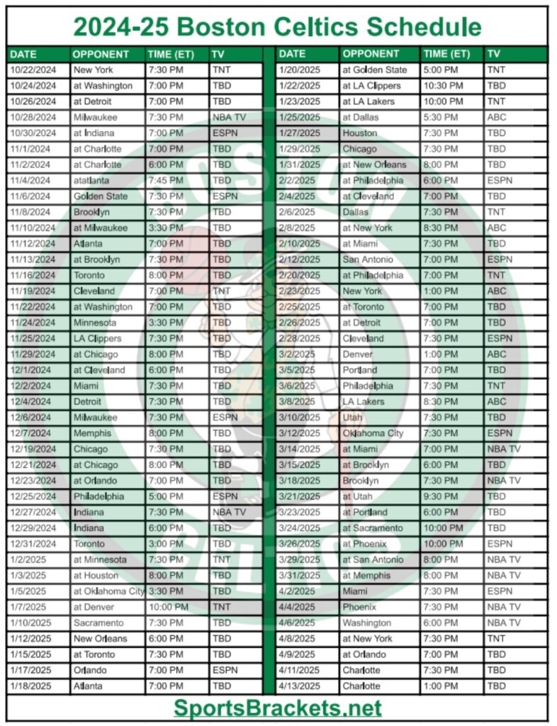 Printable 2024 25 Boston Celtics Schedule TV Broadcasts And Matchups Sports Brackets