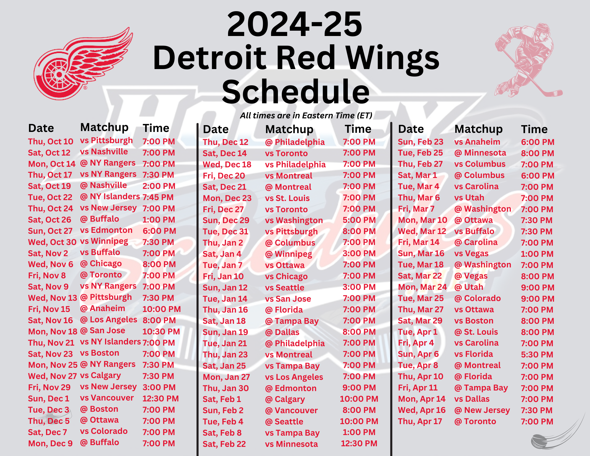 Printable 2024 25 Detroit Red Wings Schedule Matchups And TV Broadcasts Hockey Schedules