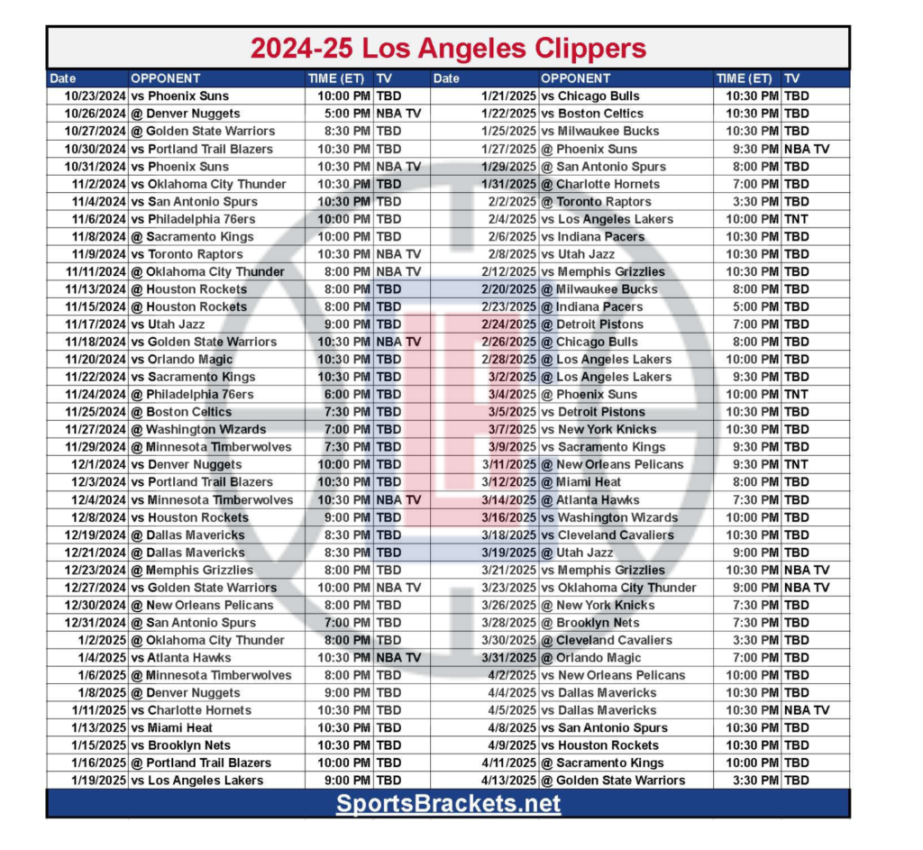 Printable 2024 25 LA Clippers Schedule