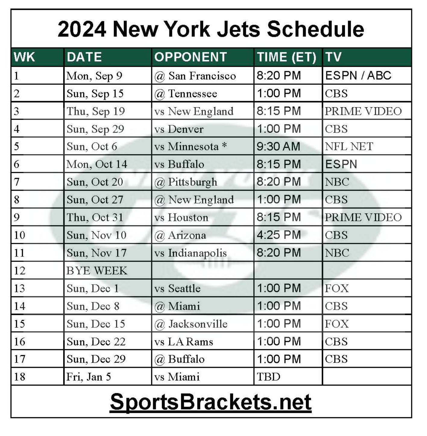 Printable 2024 New York Jets Schedule Matchups And TV Broadcasts Sports Brackets