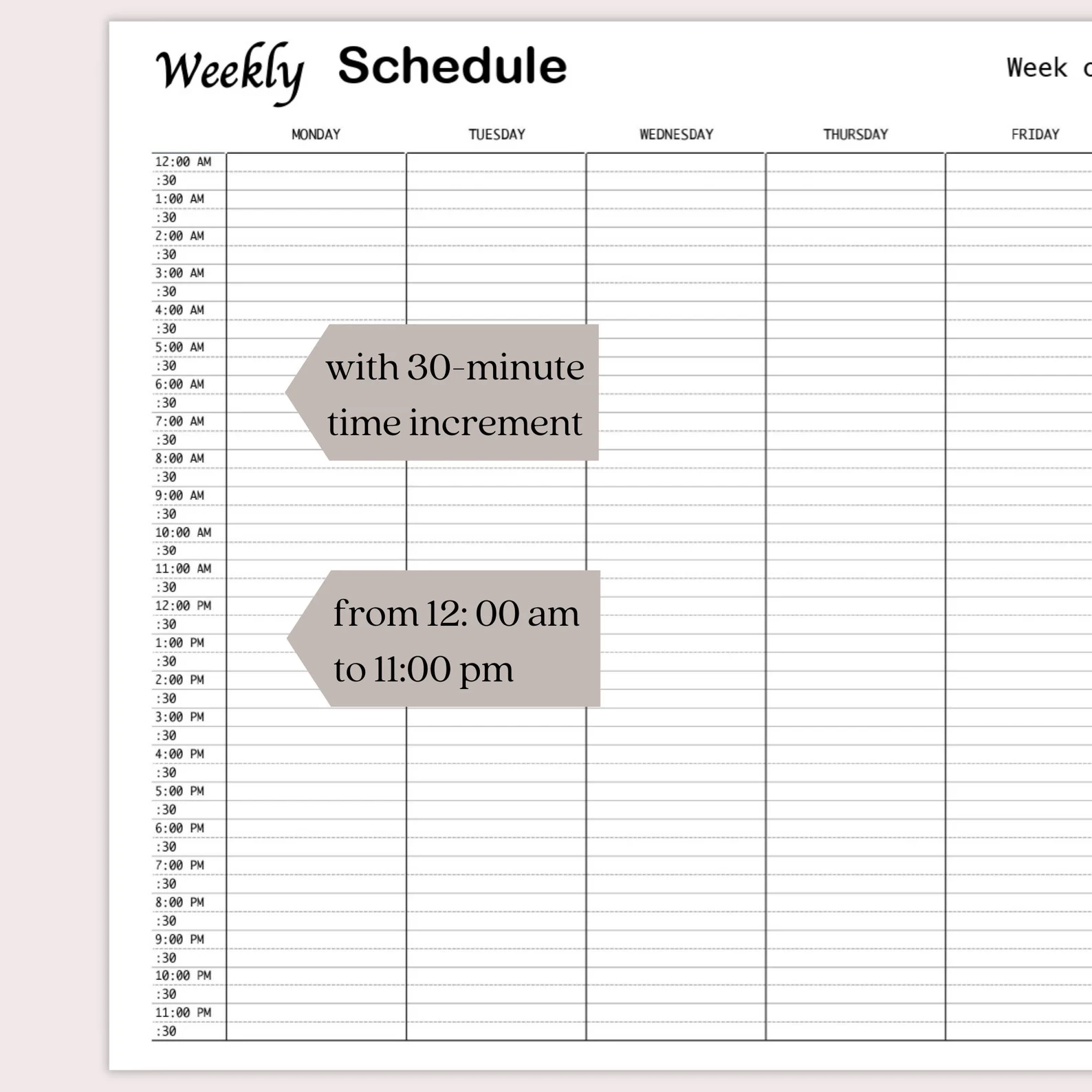 Printable 24 hour Weekly Planner With 30 minute Time Increment StriveZen